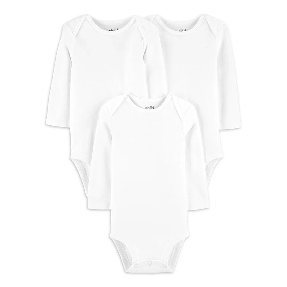 Carter's Child of Mine NB Baby Unisex Long Sleeve White Bodysuit Onesie 3 Pack
